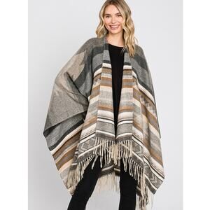 Vince Camuto Aztec Print Fringe Ruana Cape One Size Neutral Southwestern